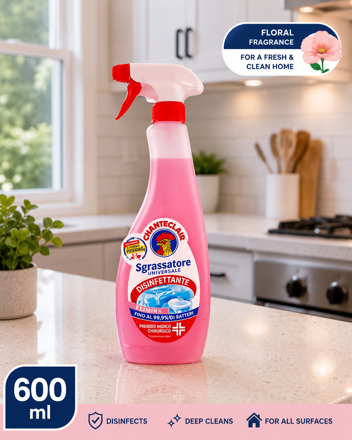 Chanteclair Sgrassatore Universal Disinfectant Spray 600ml - Floral Fragrance for Effective Cleaning and Disinfection Household