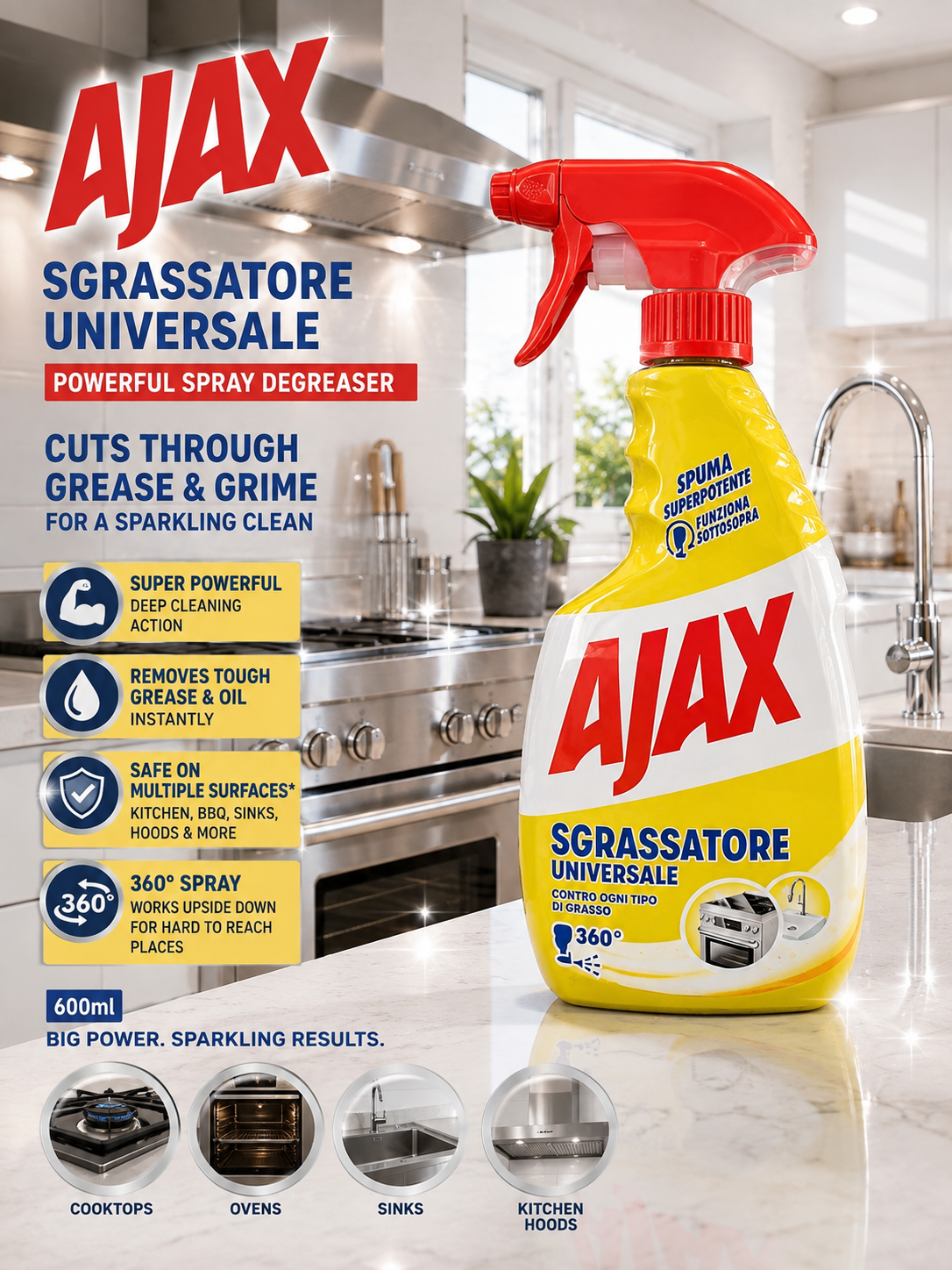 Ajax Sgrassatore Universale, a powerful spray degreaser 600ml