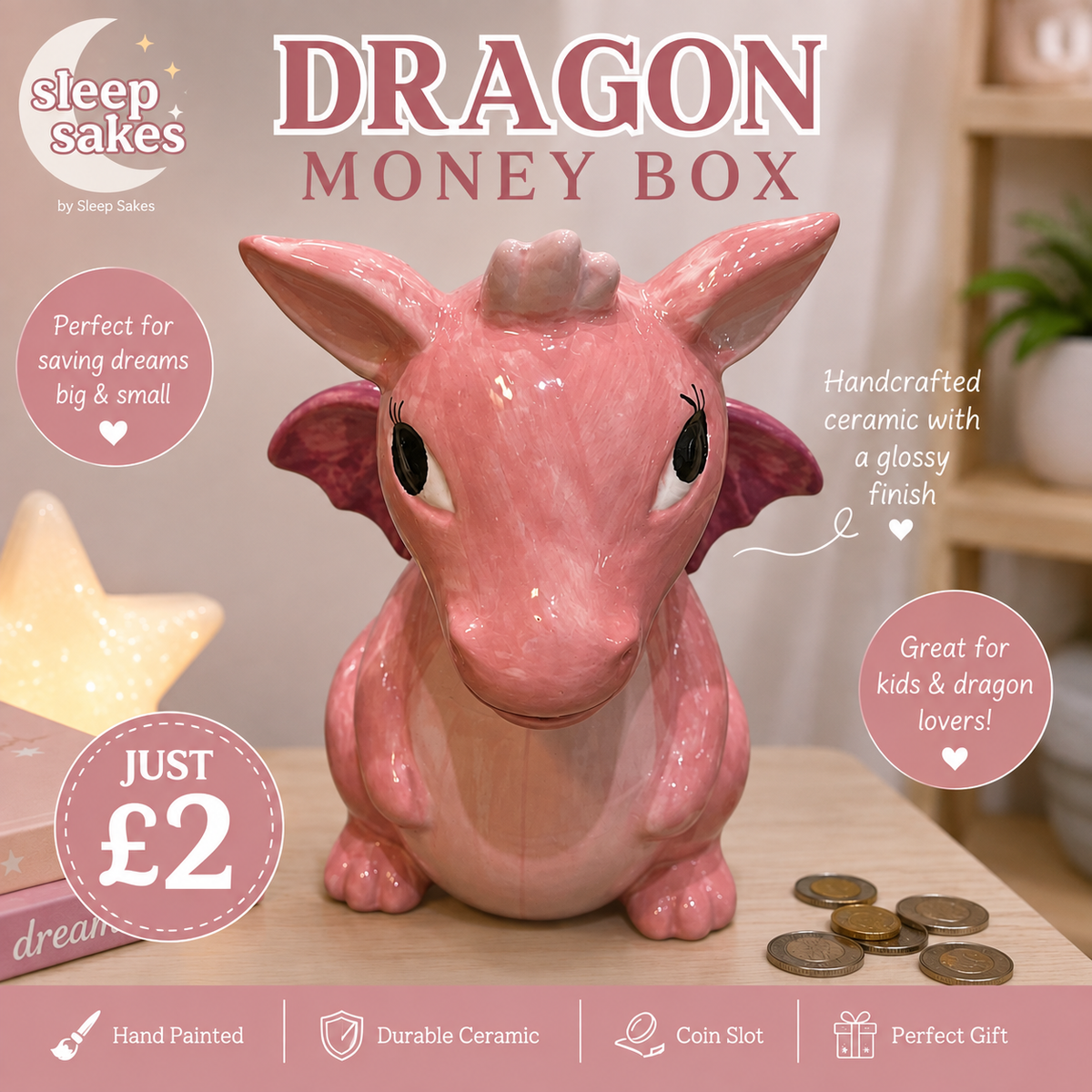 Dragon Money Box 18cm Pink Ceramic Coin Bank Decor Ornaments Decorative Room