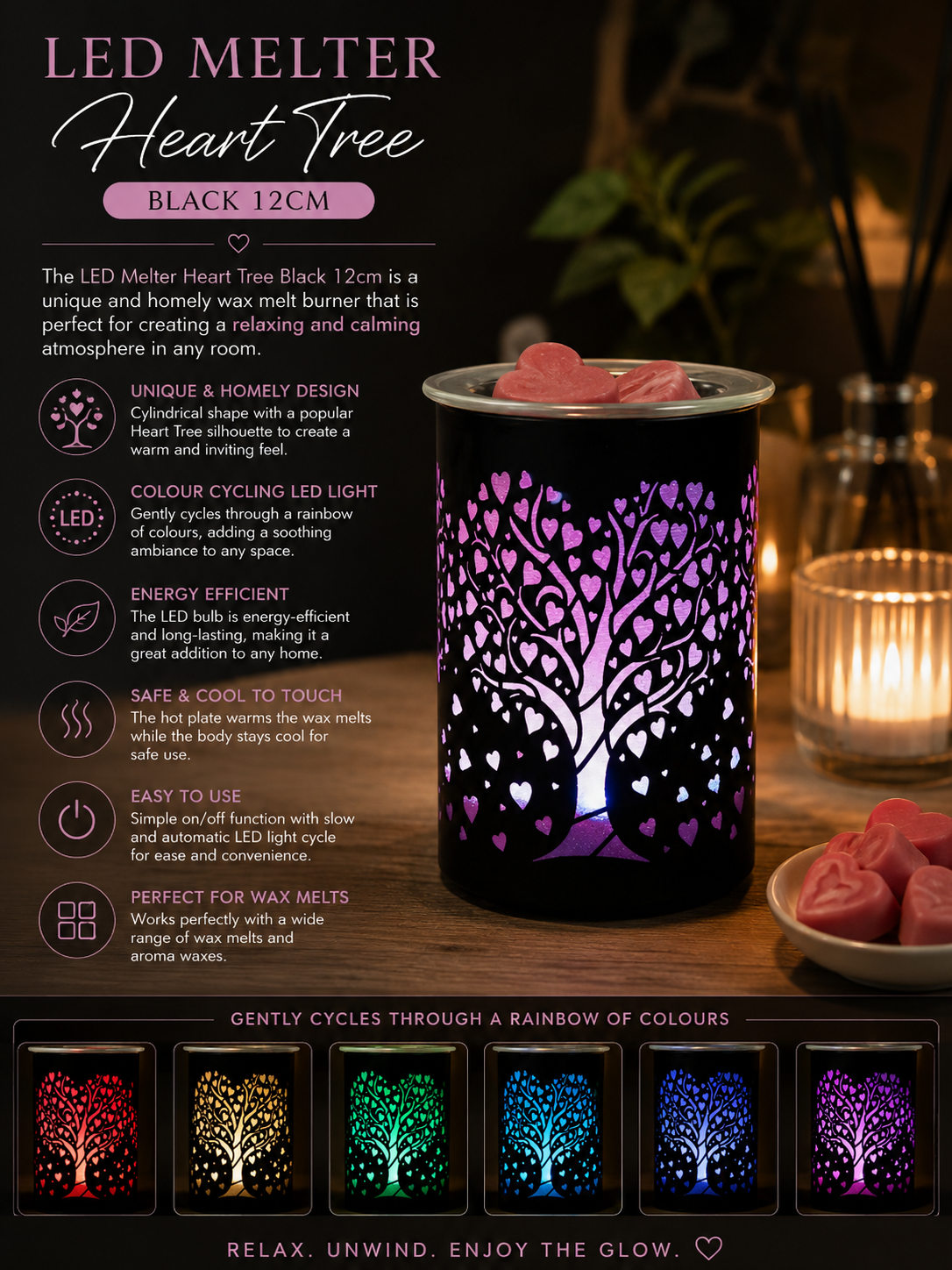 Black LED Wax Melter Heart Tree - 12cm, Colour Changing - Decor, Candle