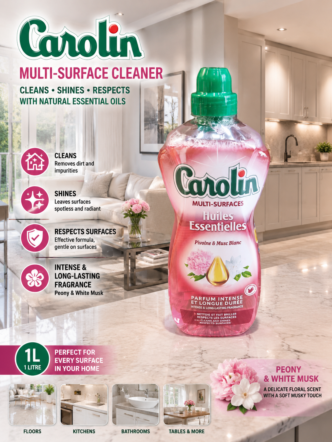 Carolin Multi-Surface Cleaner with Essential Oils, featuring a Peony & White Musk scent 1L