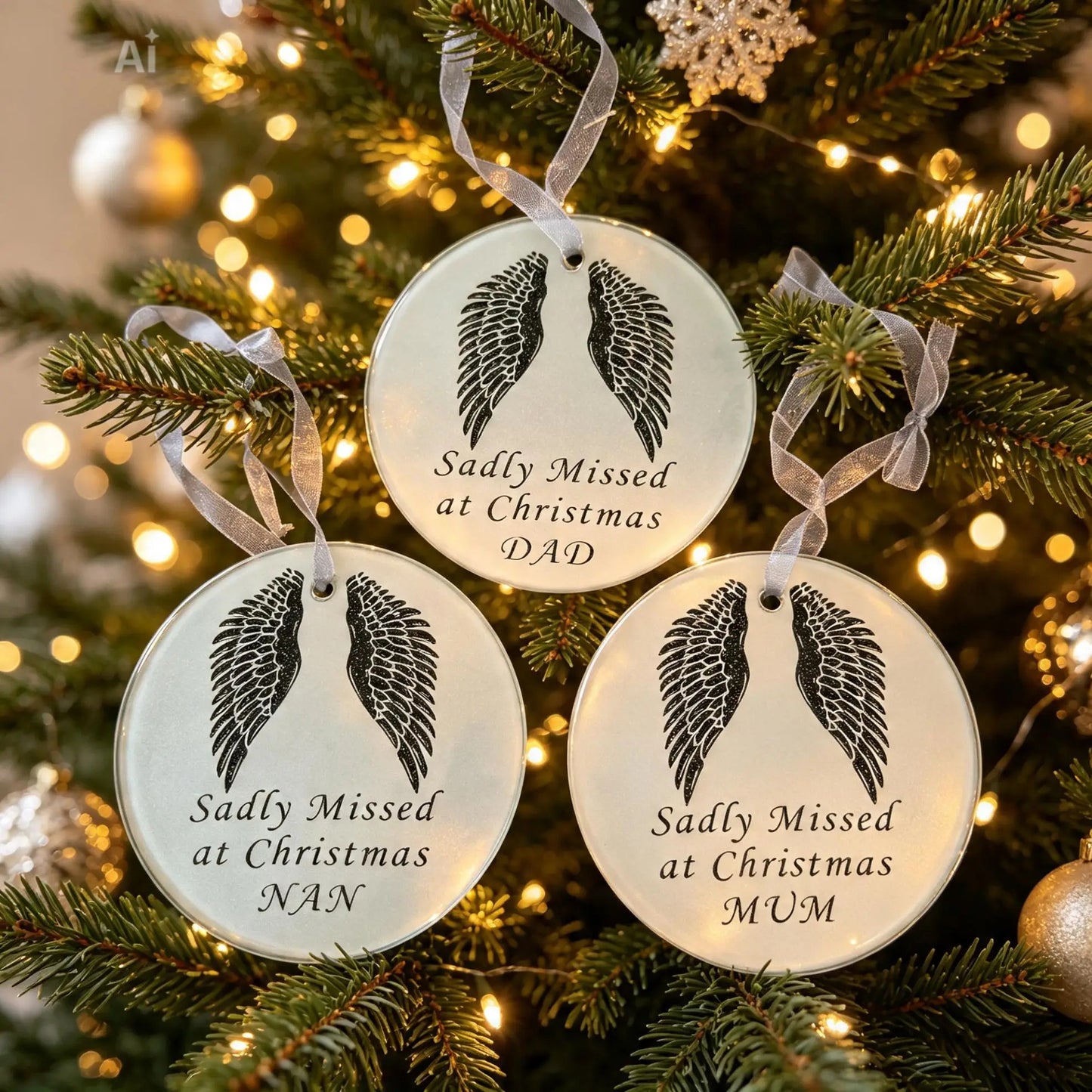 'Sadly Missed at Christmas" Grey Glass Angel Wing Hanging Ornament
