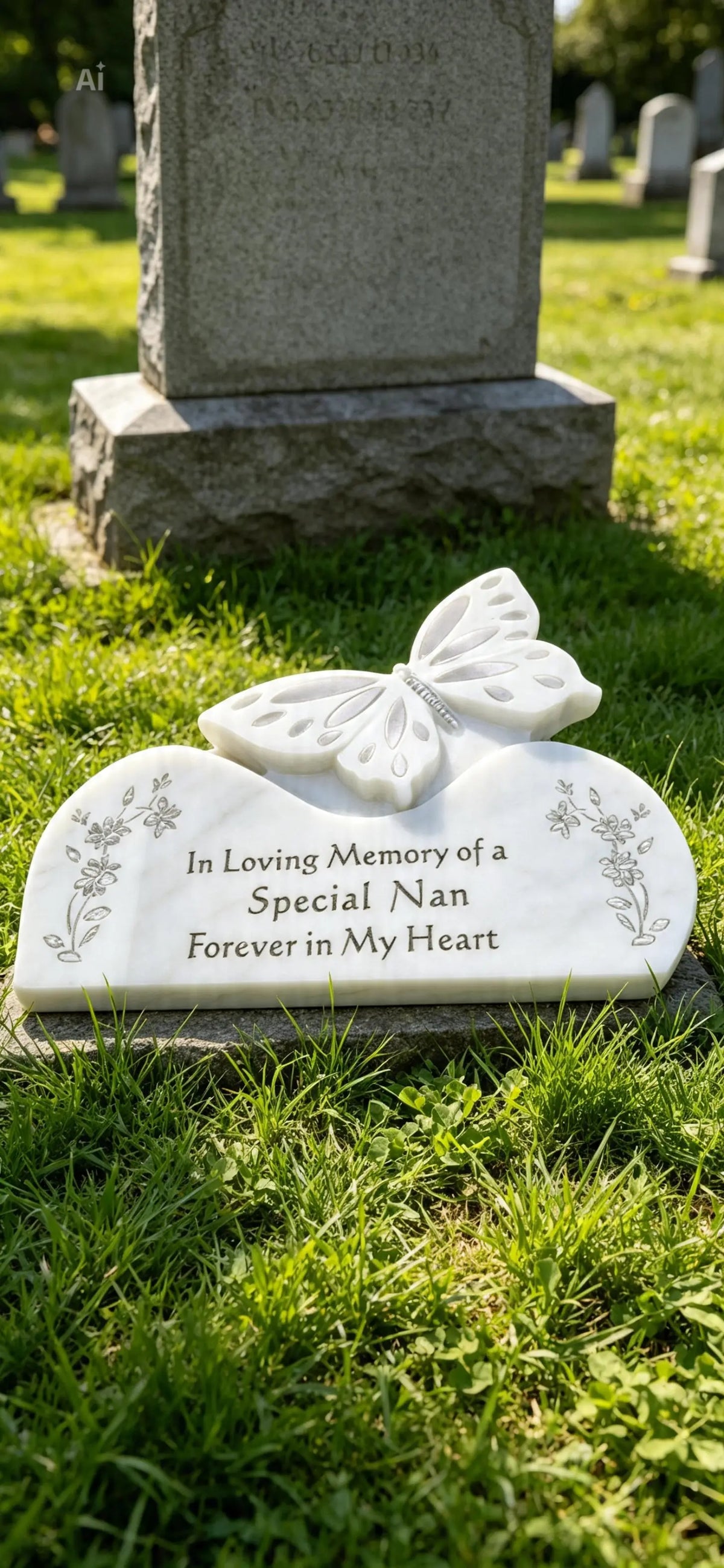 White & Silver Butterfly on a rock Graveside