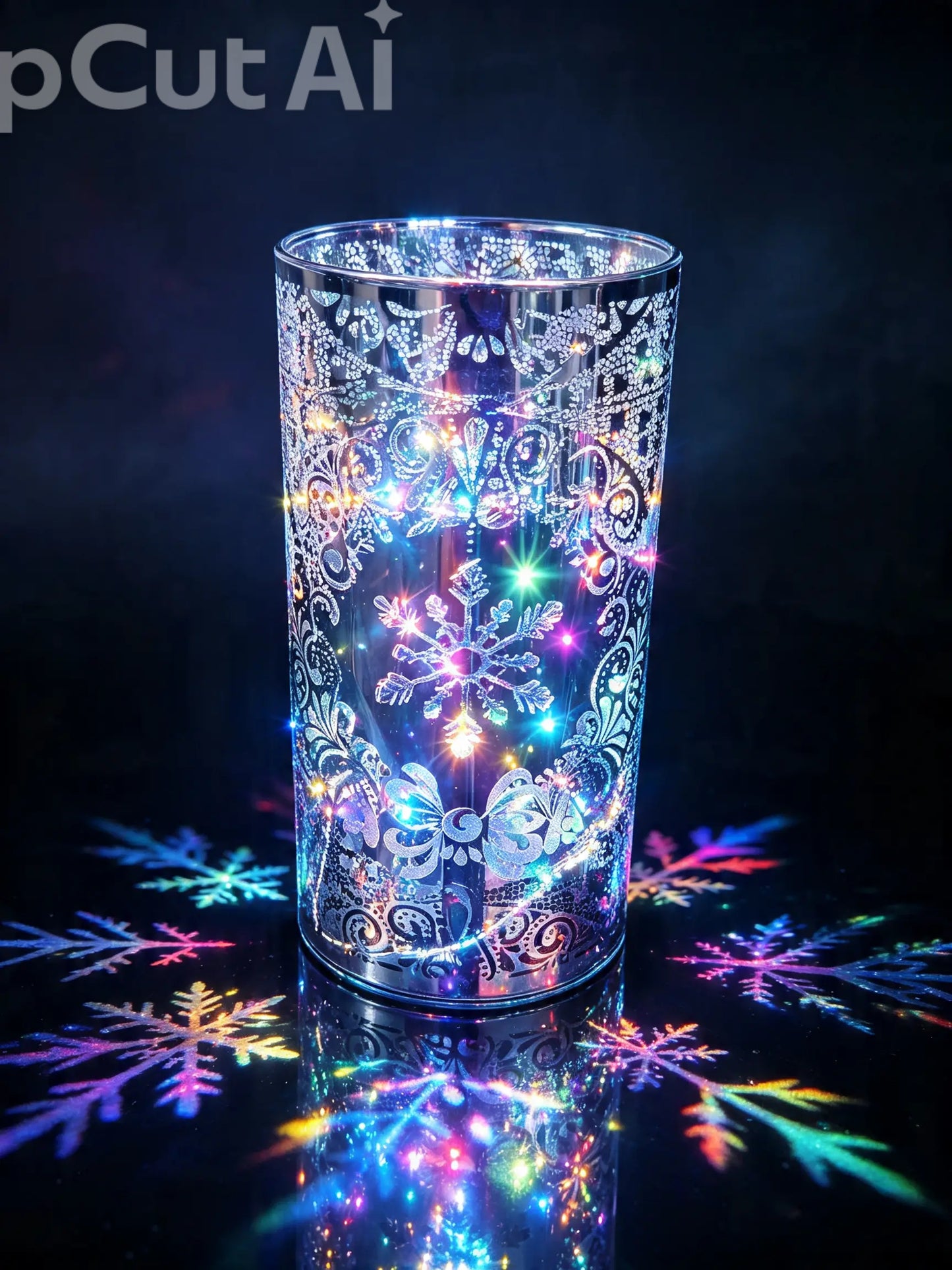Luxa Glass Twinkler projector table lamp in the Fantasia design, featuring a silvered glass cylinder housing multi-coloured twinkling LED lights.