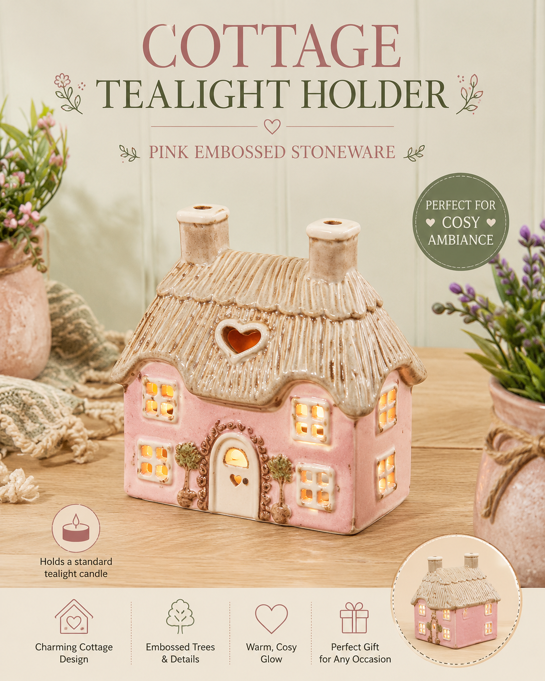 Cottage Tealight Holder Pink Embossed Stoneware with Trees