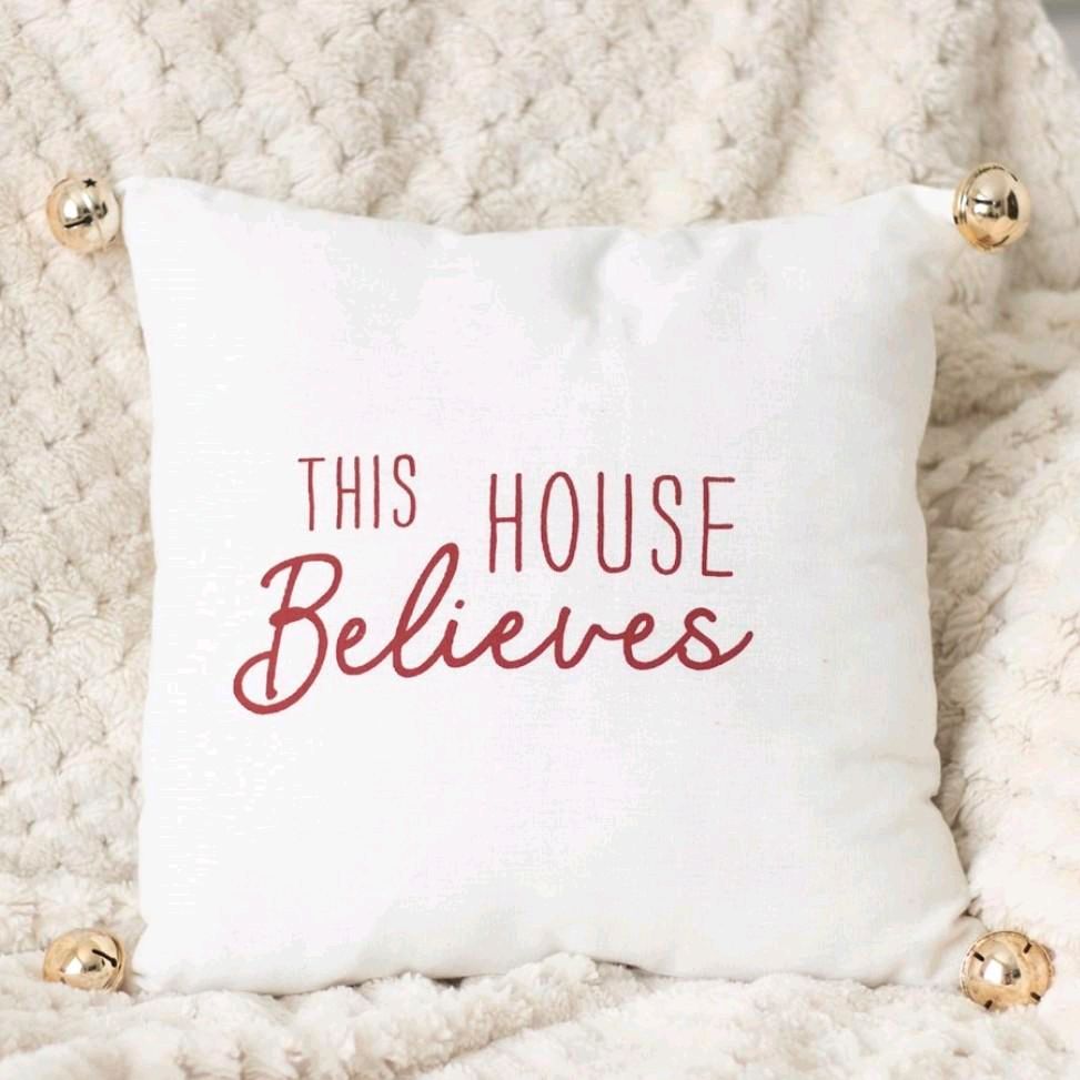 This House Believes Soft Cushion with Bells - Festive Summer Throw Pillow for Home Decor with Gold Jingle Bell Accents