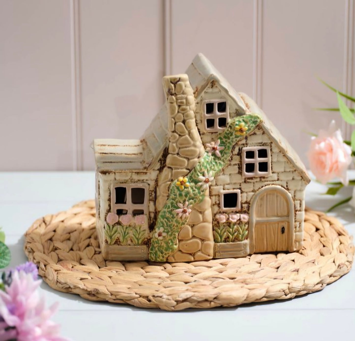 COTTAGE GARDEN STONEWARE DOUBLE COTTAGE WITH FULL CHIMNEY AND EMBOSSED DETAILS CANDLE HOLDER