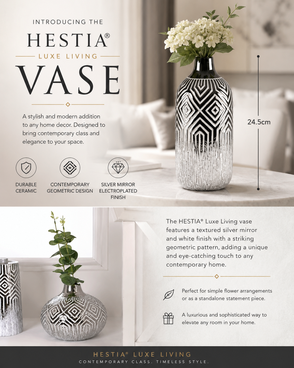 Decorative Silver & White Geometric Vases 2 options