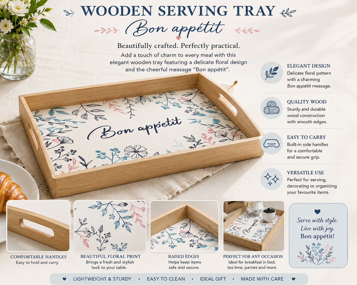 Wooden serving tray with a floral pattern and the text "Bon appétit"