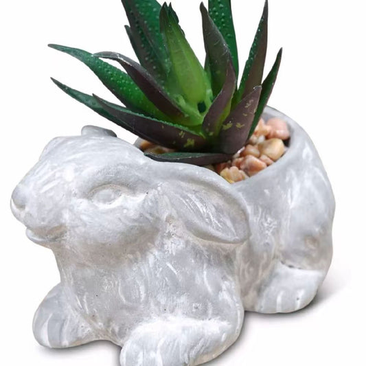 Cement Effect Rabbit Planter with Succulent artificial plant
