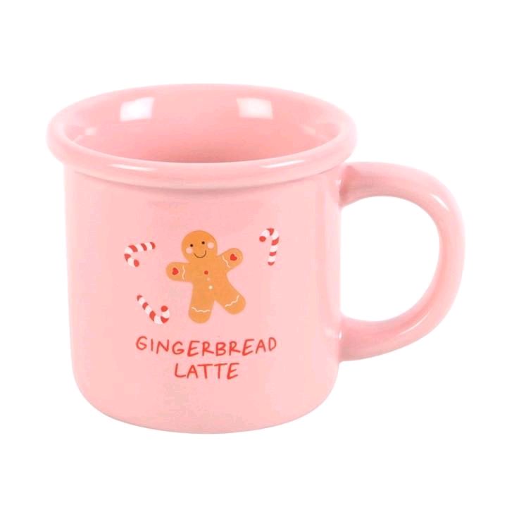 Pink Gingerbread Latte Ceramic Mug 480ml - Handwash Only - Reusable Washable Tumbler for Coffee - Christmas Design with Candy Cane Details
