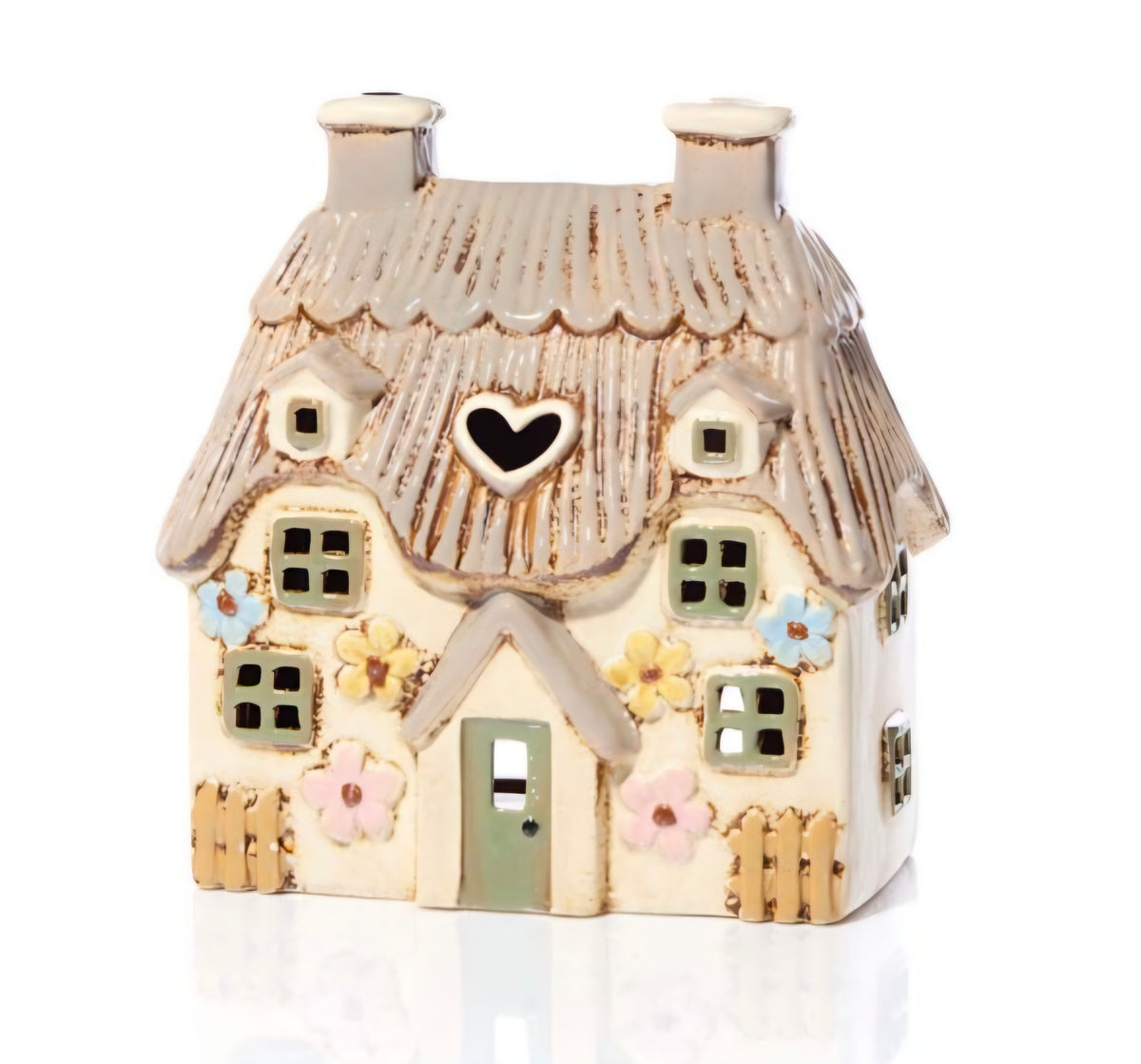 STONEWARE LARGE THATCHED COTTAGE WITH EMBOSSED FLOWERS AND GREEN DOOR TEA LIGHT HOLDER