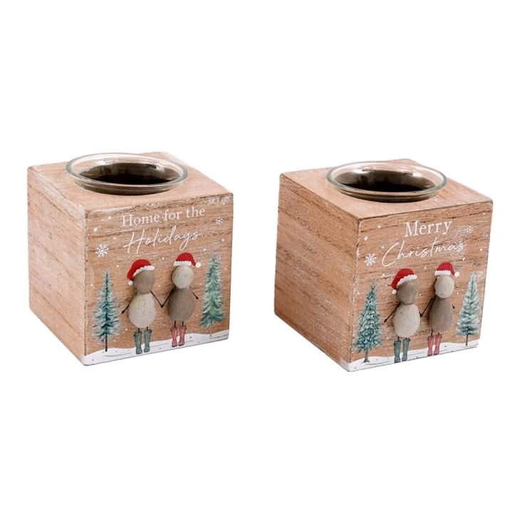 Pebble Art Christmas Candle Holder - Rustic Winter Forest Design - Figures, Decor Ornaments Tealight