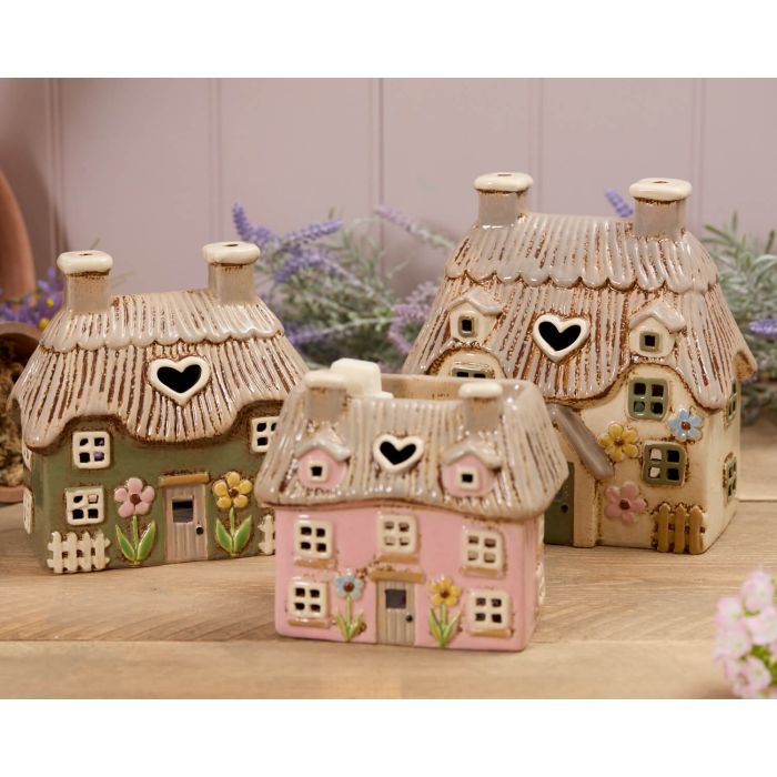 Pink Thatched Cottage with Embossed Flowers Wax Melt Burner