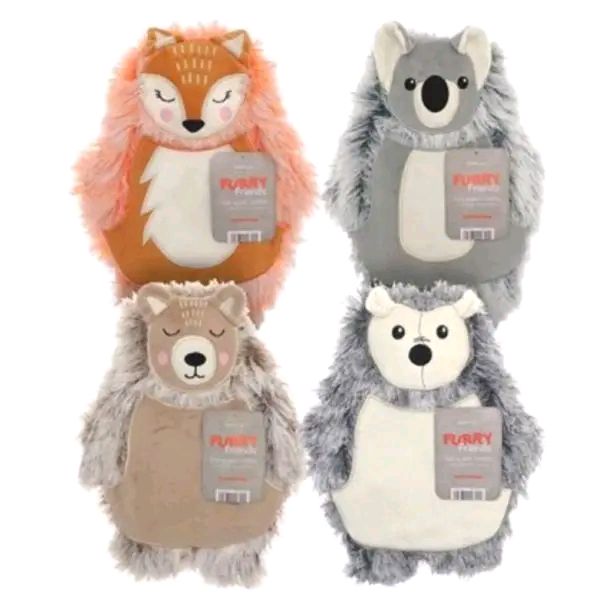 Furry Friends Novelty Hot Water Bottle & Cover - Soft & Warm - 4 Colors Assortment