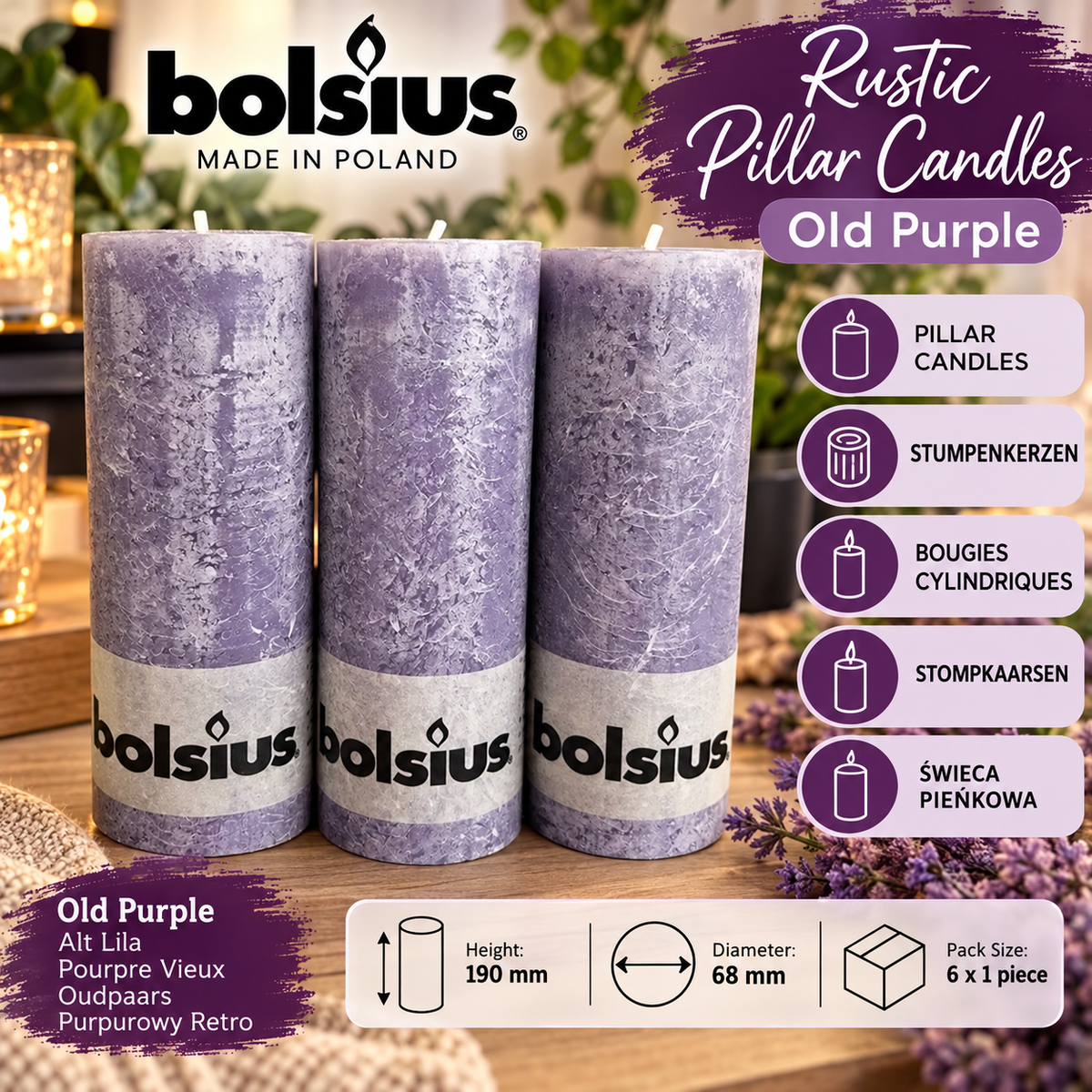 Bolsius Old Purple Pillar Paraffin Wax Candle - 19cm (H) x 6.8cm (Dia)