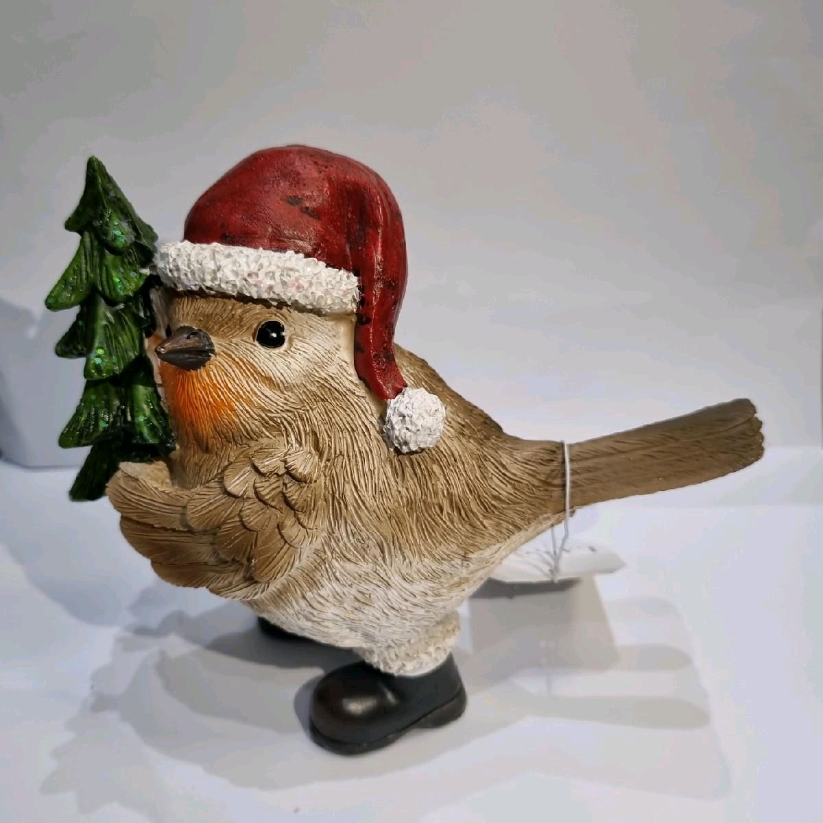 Christmas Robin holding tree with brown boots ornament Decoration