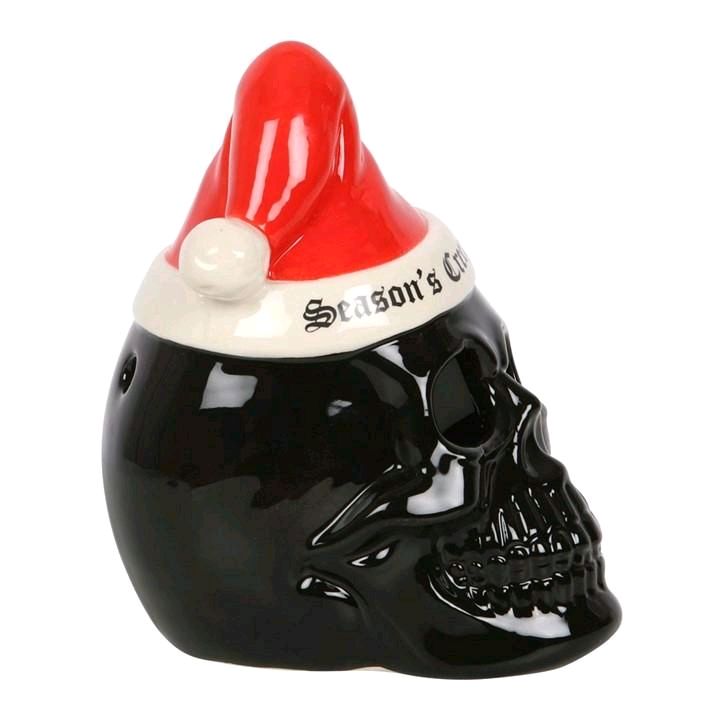 Seasons Creepings Skull Tealight Holder - Gothic Christmas Decor with 'Season's Creepings' Santa Hat Ornament