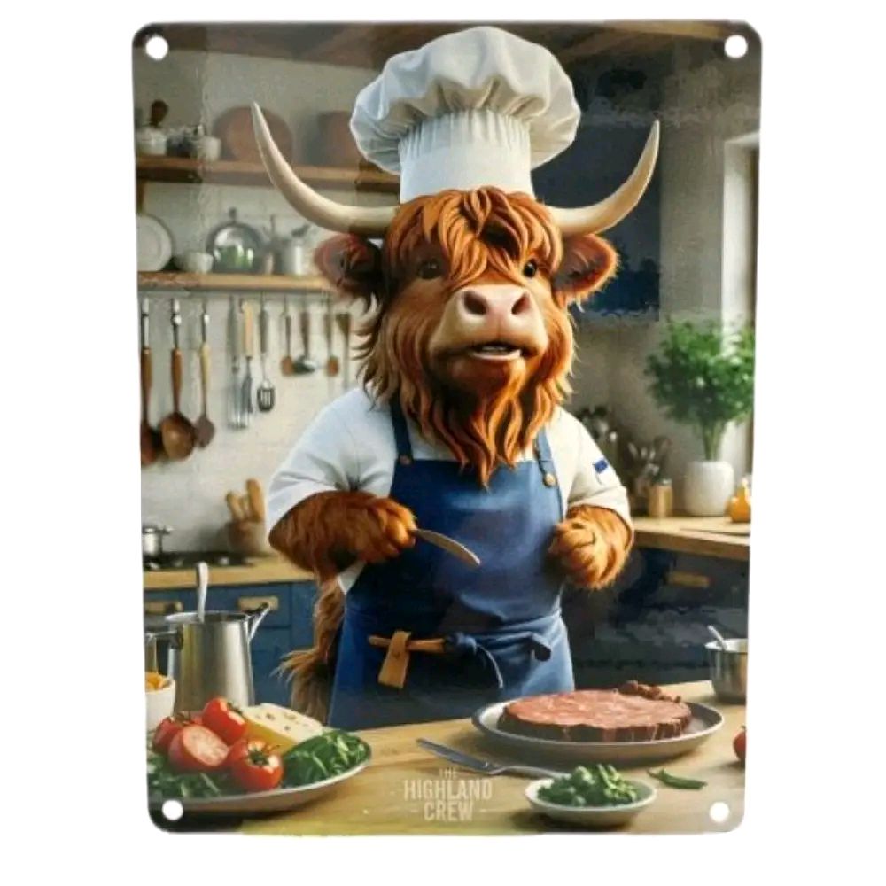 Highland Cow In Kitchen Metal Sign