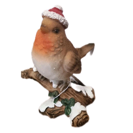 Christmas Robin Statue on a Frosted Branch - Festive Home Decor Ornaments Decoration