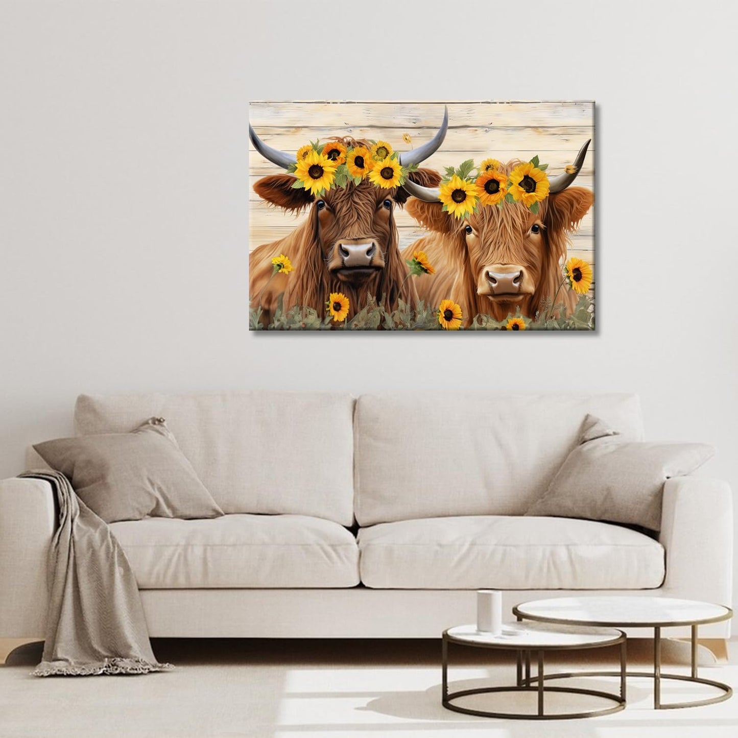 Rustic Cow Canvas Wall Art Farmhouse Animal Print on Wood Panel for Kitchen & Living Room Décor - Sunflower Cows 45x30cm