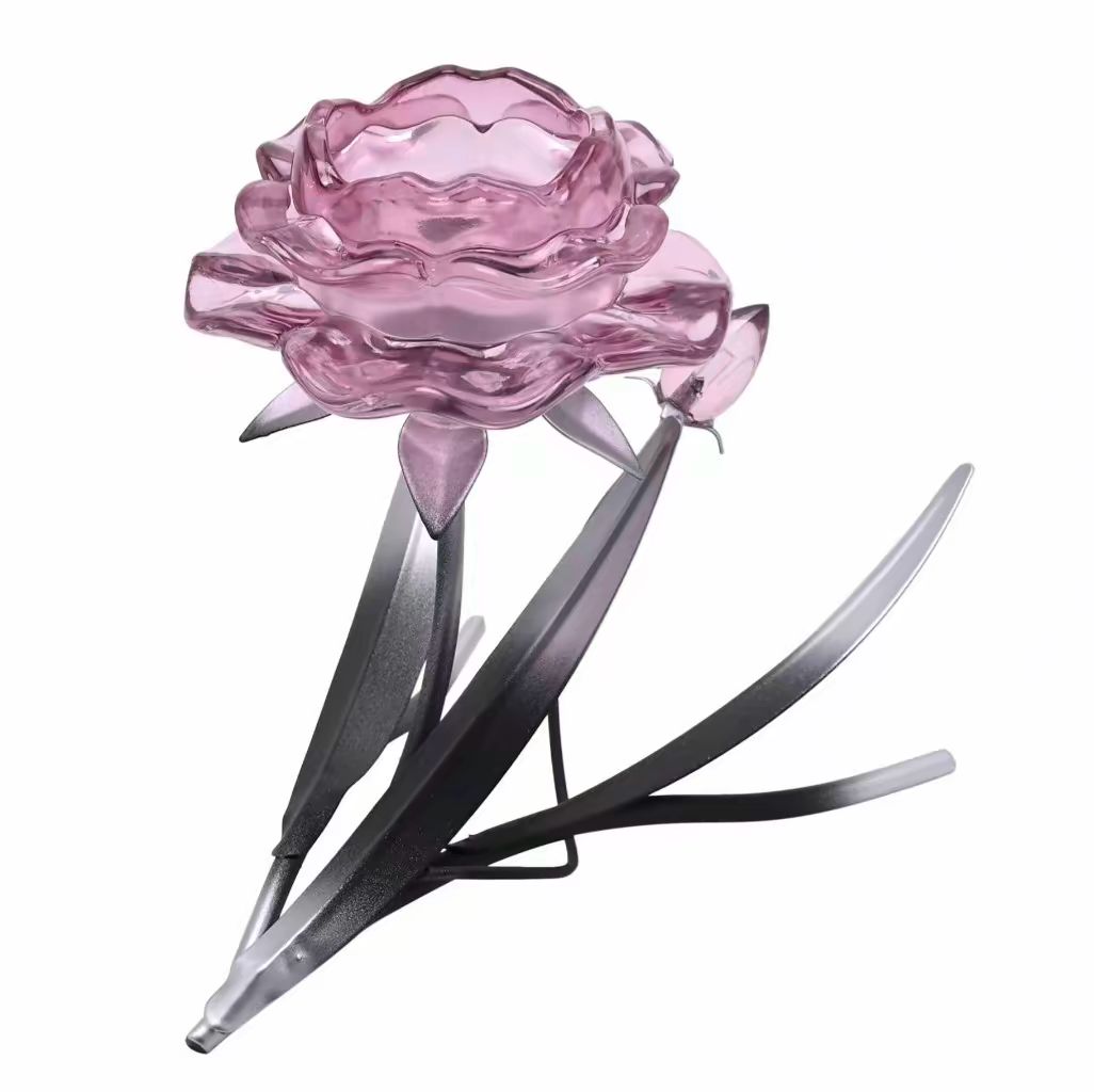 Pink Glass Rose Single Candle Holder with 2 Tone Black and Silver Base
