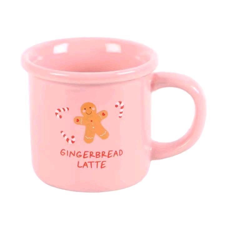 Pink Gingerbread Latte Ceramic Mug 480ml - Handwash Only - Reusable Washable Tumbler for Coffee - Christmas Design with Candy Cane Details
