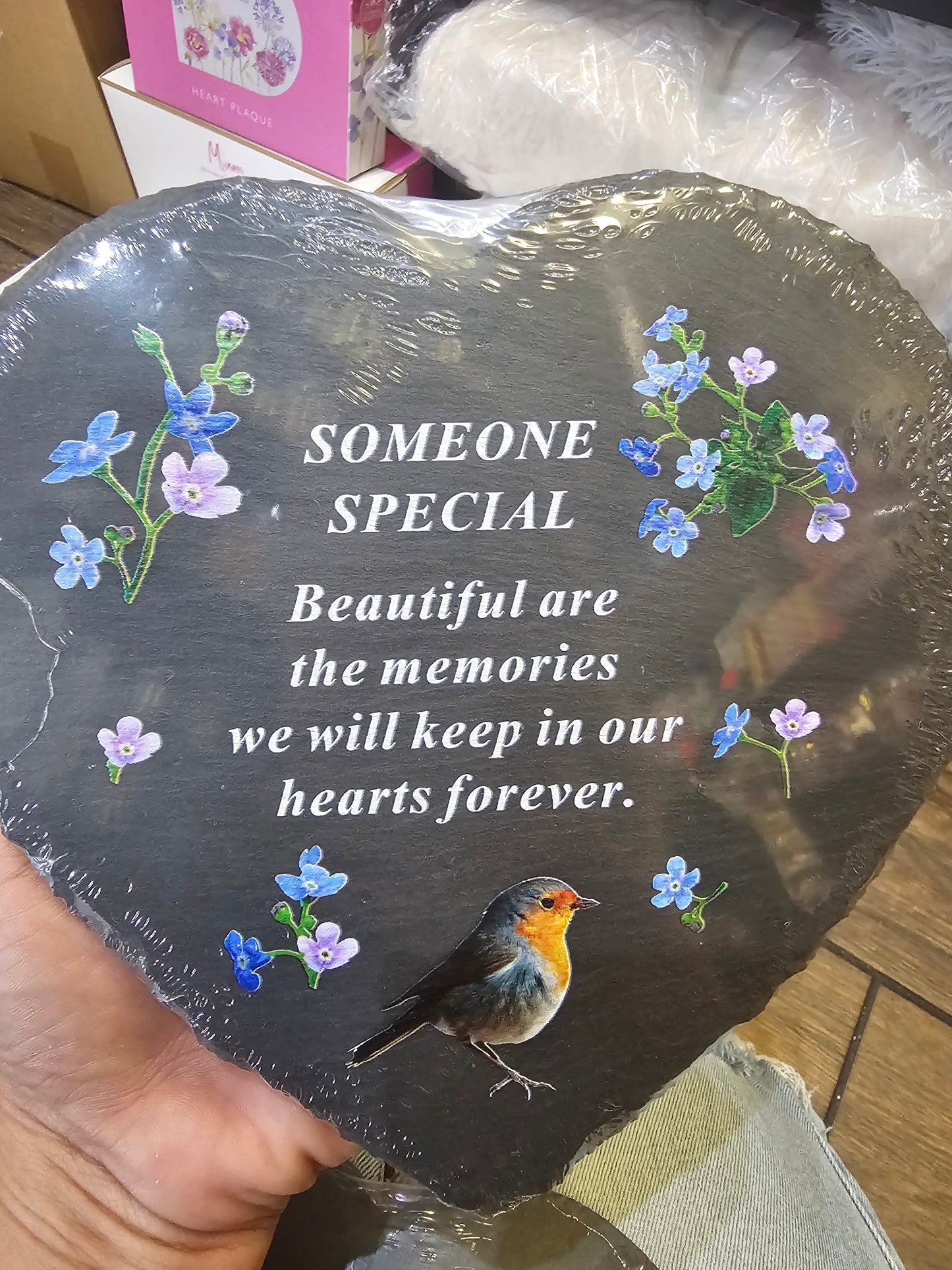 Black Slate Memorial Heart with Robin Design