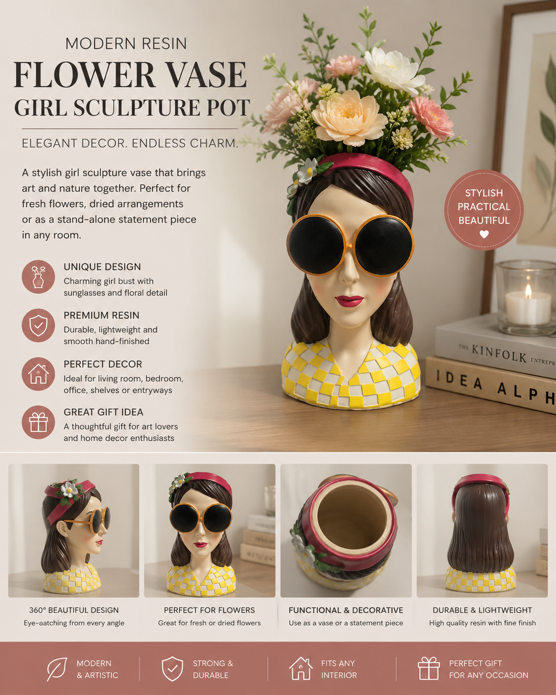 Modern Resin Flower Vase Decorative Girl Sculpture Pot for Home, Living Room and Bedroom Decoration