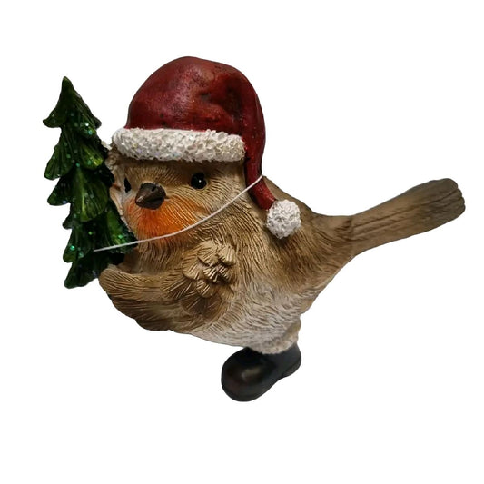Christmas Robin holding tree with brown boots ornament Decoration