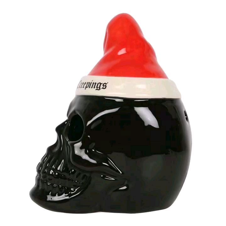 Seasons Creepings Skull Tealight Holder - Gothic Christmas Decor with 'Season's Creepings' Santa Hat Ornament