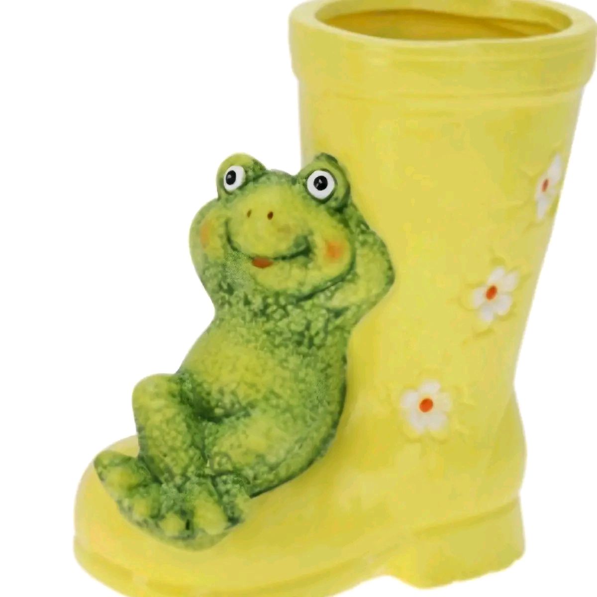 Boot Shaped Flower Pot With Animal Sitting On Top