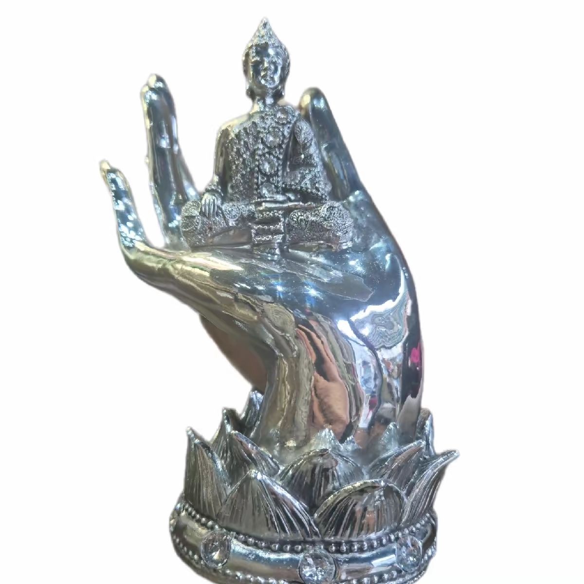 Buddah sitting on hand ornament available in gold or silver
