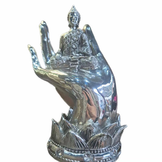 Buddah sitting on hand ornament available in gold or silver