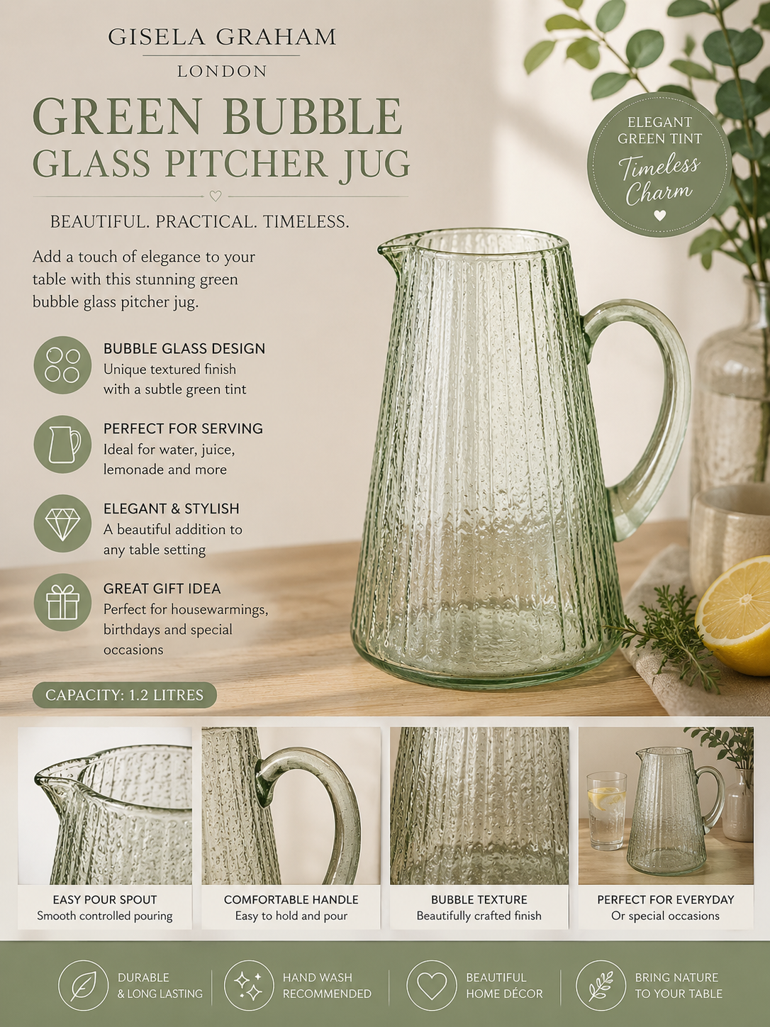 Gisela Graham Green Bubble Glass Pitcher Jug