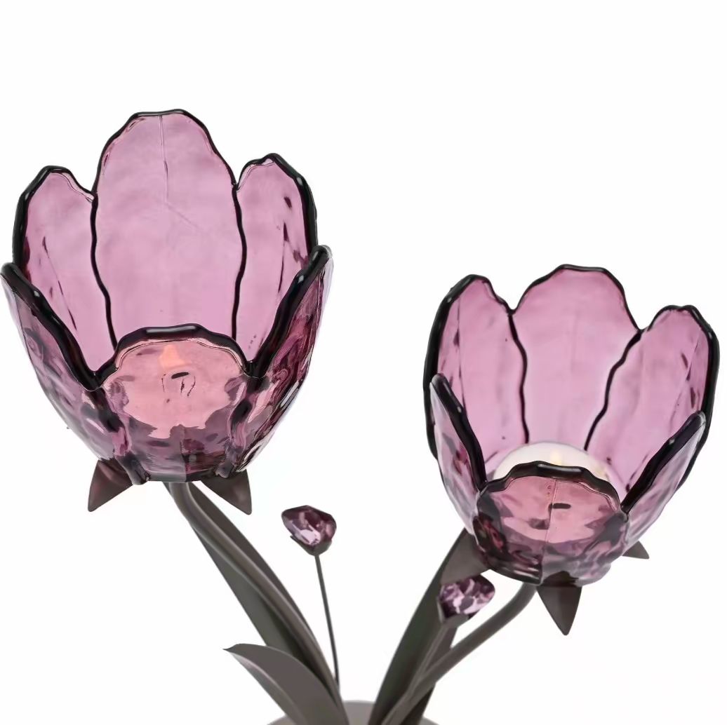 2 Stem Candle Holder With Plum Glass On Taupe Base