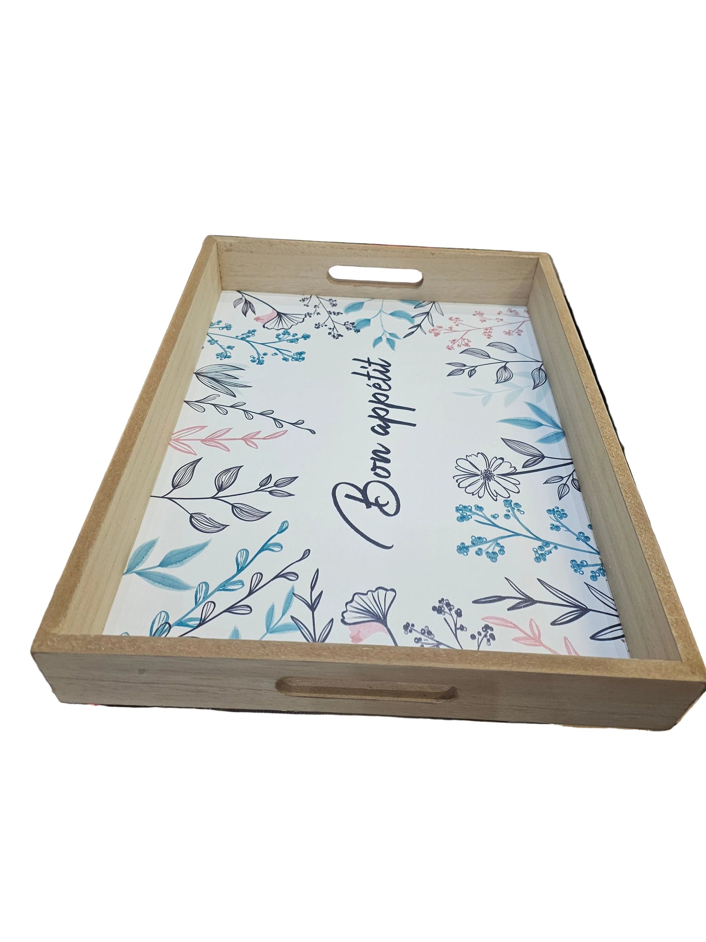 Wooden serving tray with a floral pattern and the text "Bon appétit"