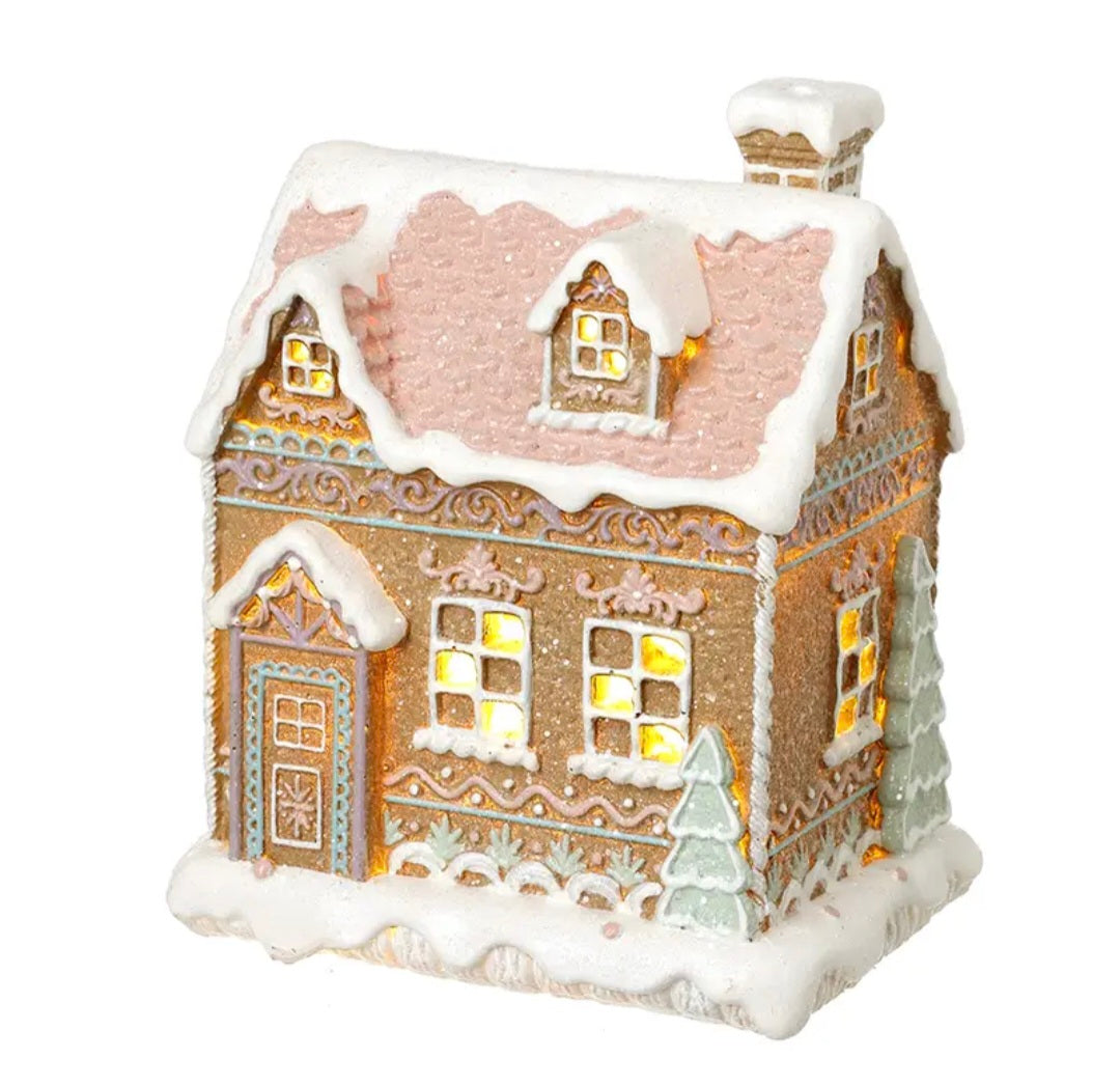 Christmas -Resin Snowy Gingerbread House Led