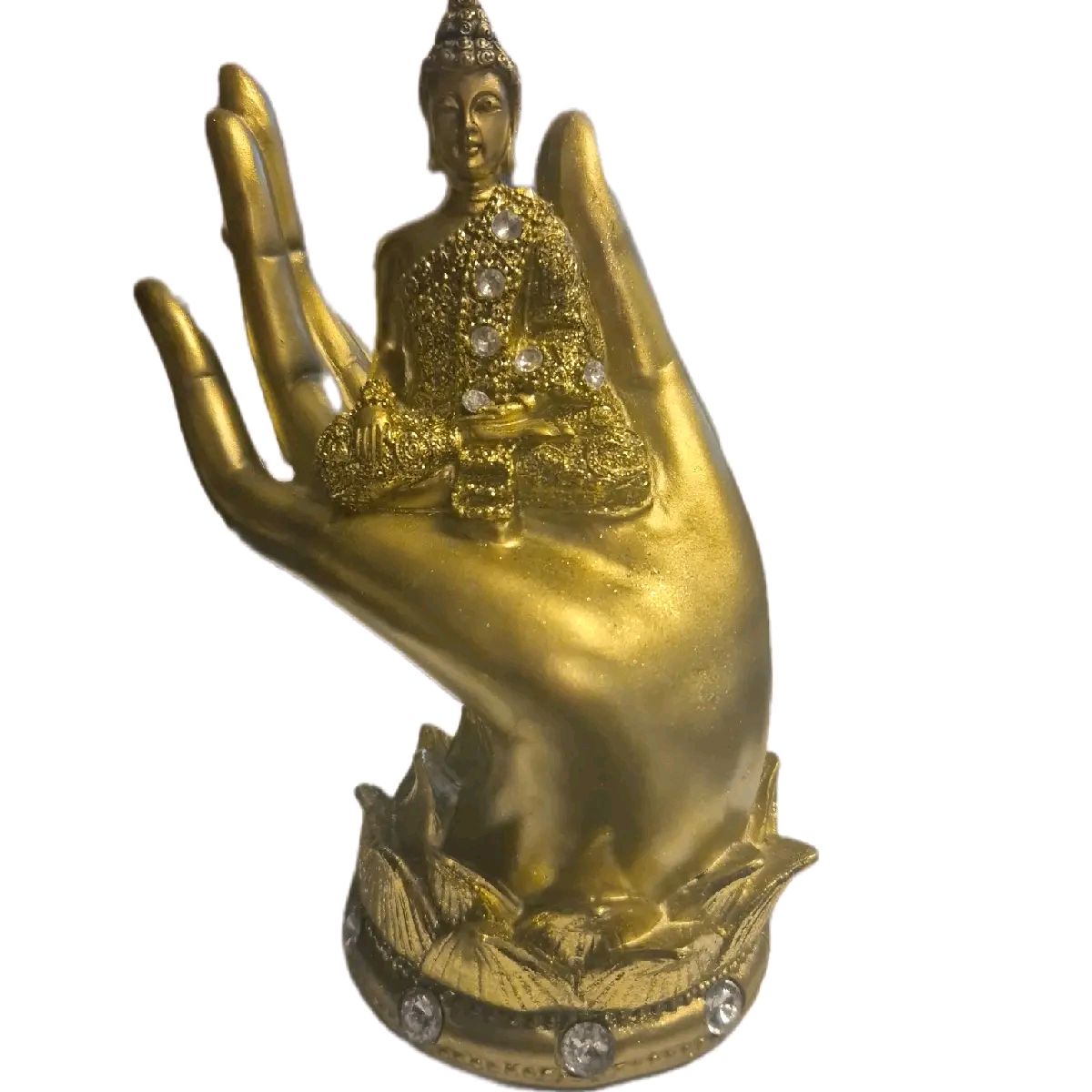 Buddah sitting on hand ornament available in gold or silver