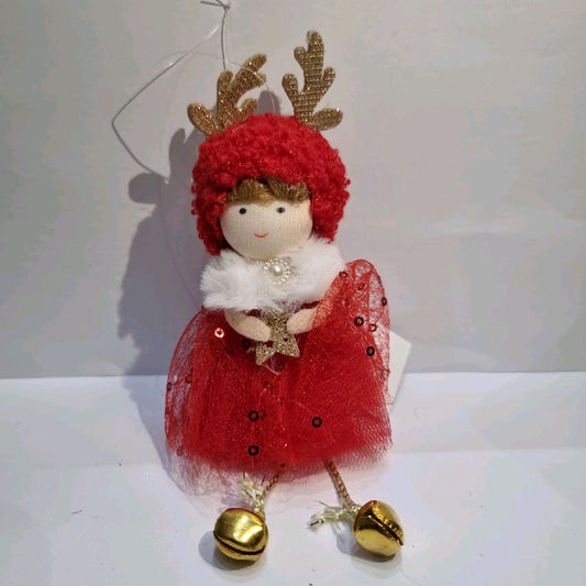 Christmas girl hanging decoration with red tutu, bell feet and antler hat
