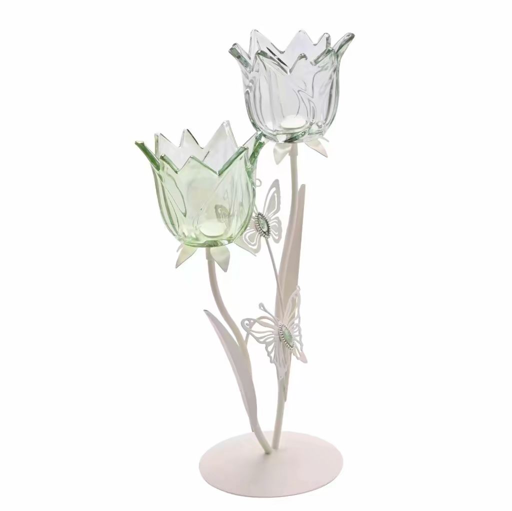 2 Stem Candle Holder With Green Glass And Butterflies On Matte Off White Base