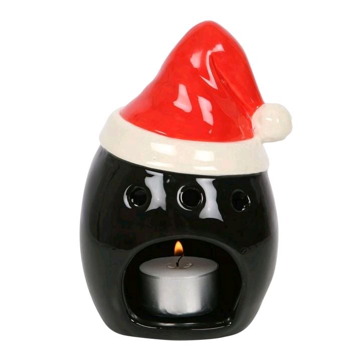 Seasons Creepings Skull Tealight Holder - Gothic Christmas Decor with 'Season's Creepings' Santa Hat Ornament