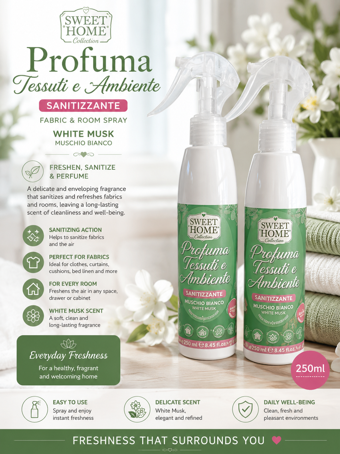 Sweet home sanitising room and fabric spray in white musk 250ml