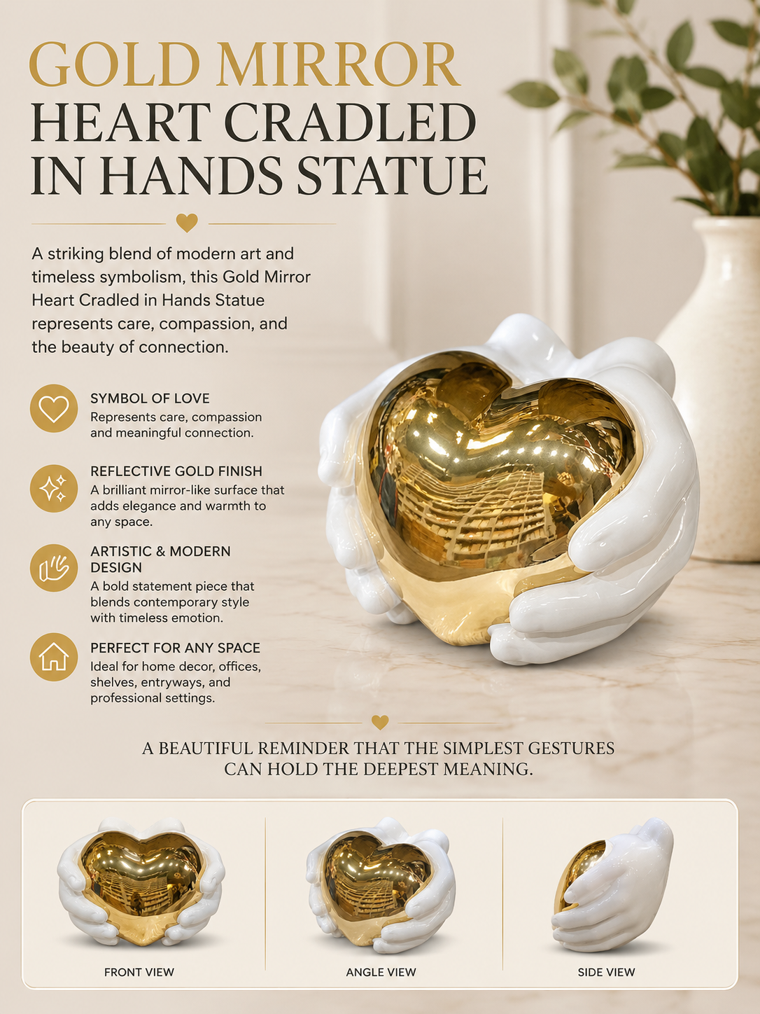 Gold Mirror Heart Cradled in Hands Statue