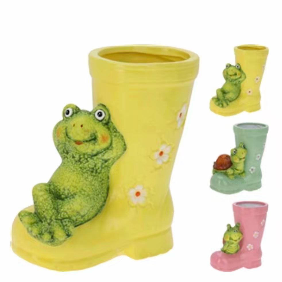 Boot Shaped Flower Pot With Animal Sitting On Top