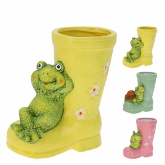 Boot Shaped Flower Pot With Animal Sitting On Top