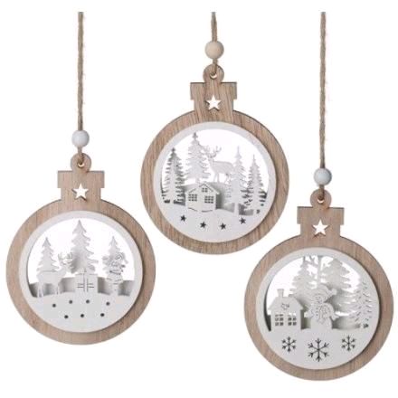 White Wooden Scene Hangers, 19cm Christmas Winter Bauble Inspired Decorations - price is for 1 items Ornaments Tree