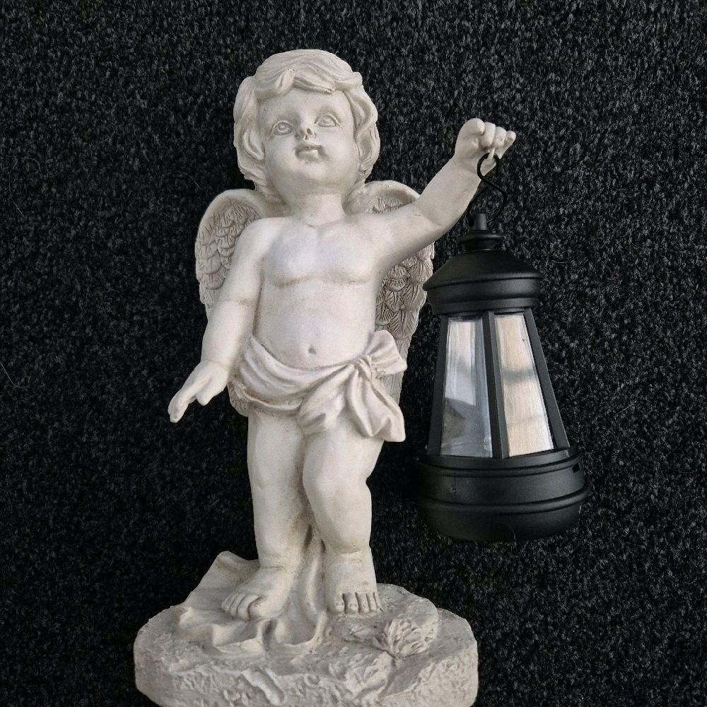 Solar Garden Statues Outdoor Ornaments Cherub with Solar Lantern Light Up Decorative Angel Figurine