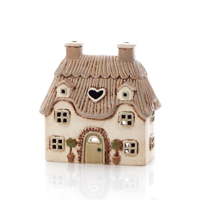 COTTAGE TEALIGHT HOLDER CREAM EMBOSSED STONEWARE WITH TREES