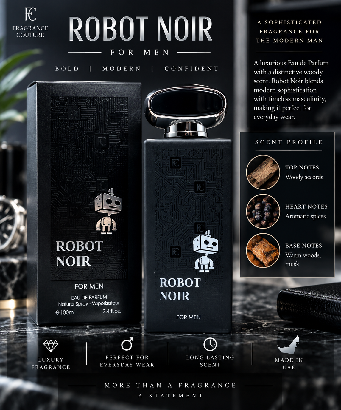 Robot Noir Men's Cologne 3.4 Fl. Oz. Eau de Parfum Spray